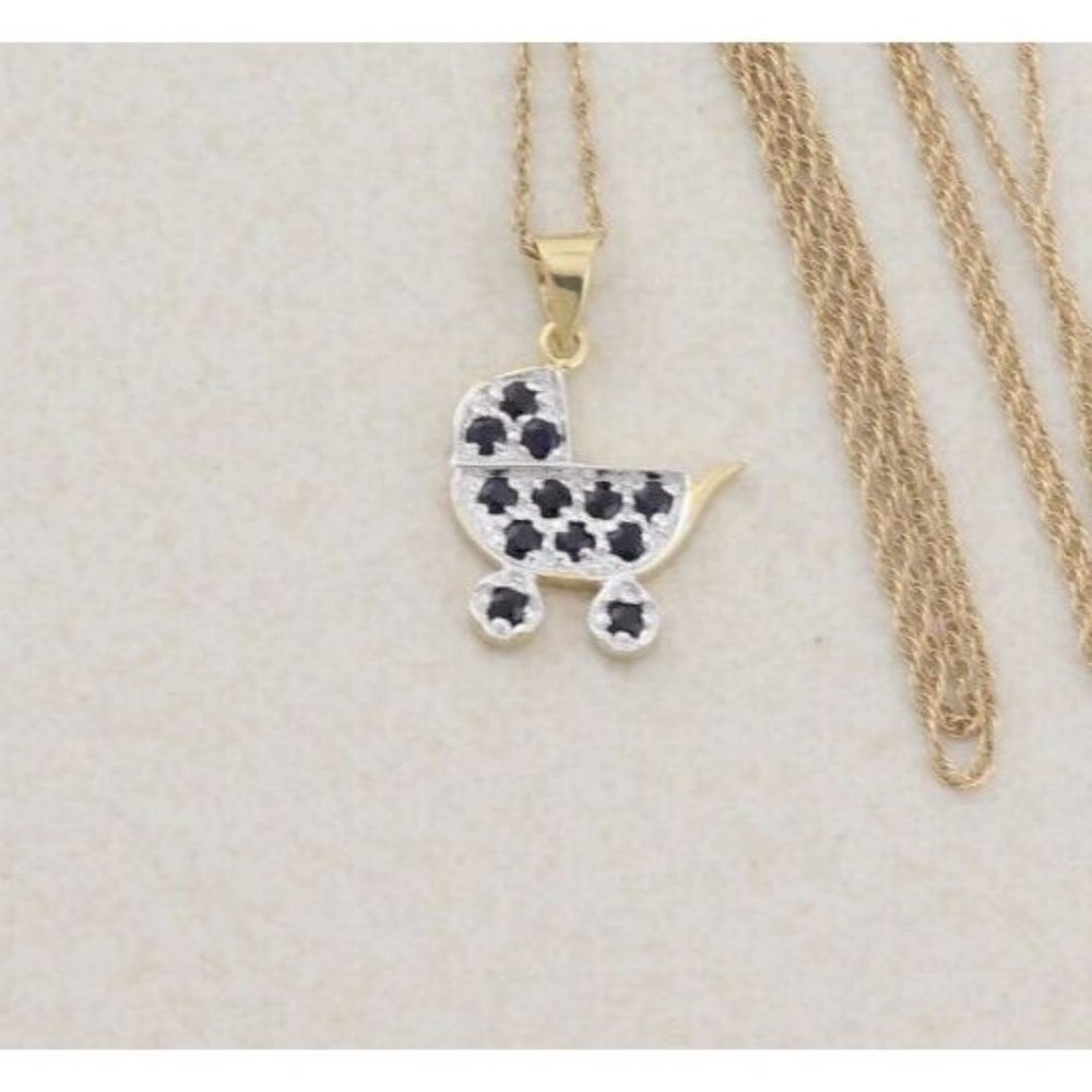14K Yellow Gold Natural Sapphire Baby Carriage Stroller Necklace 18 inch chain